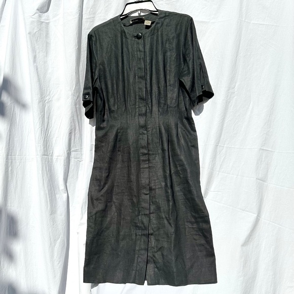 100% Linen Black Cinched Waist Structured Midi Length Minimalist Dress - Picture 2 of 5